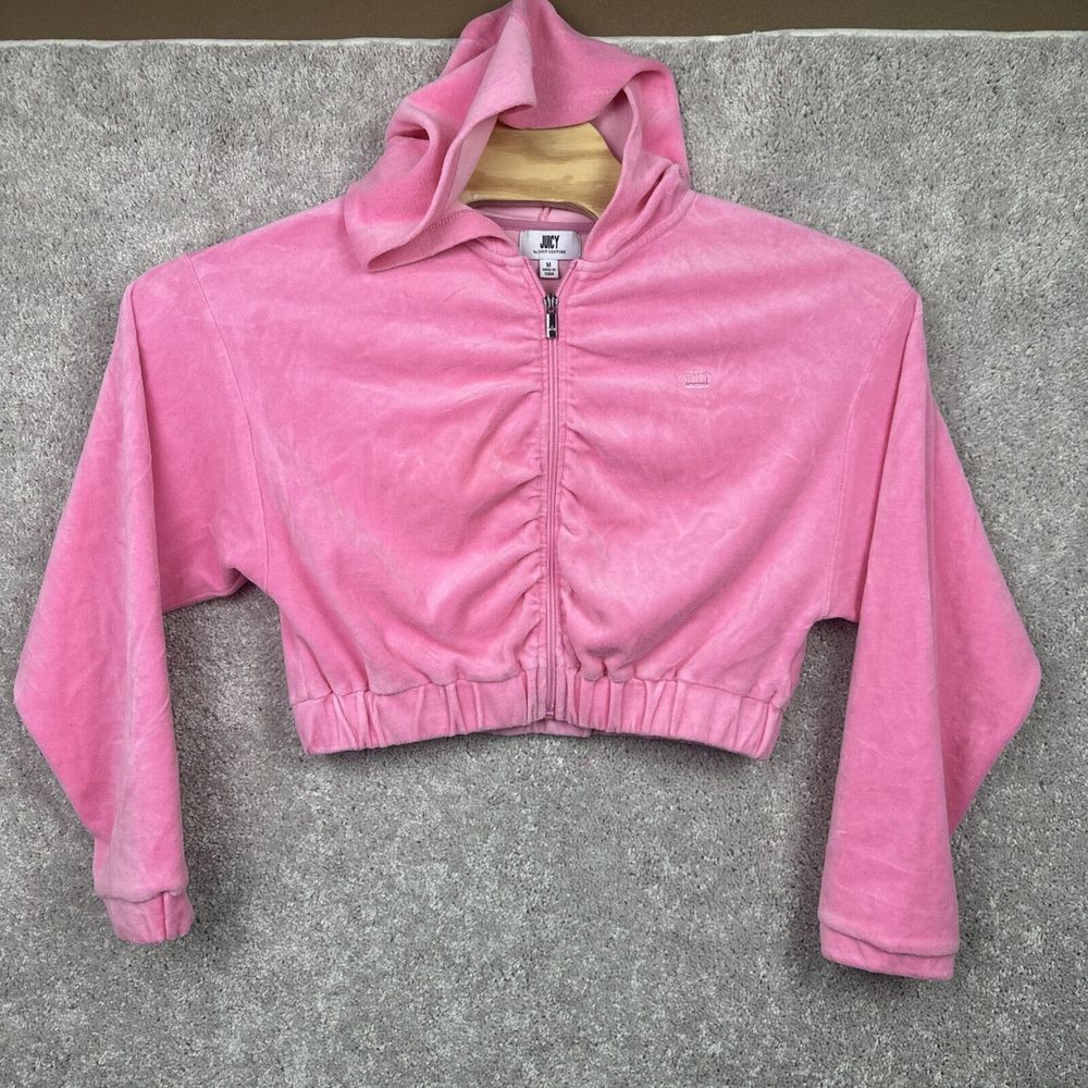 Juicy by Juicy Couture Women Pink Soft Y2K Hoodie Zip Up Size Medium Cropped